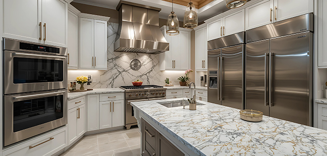 Stainless steel double ovens in a high-end kitchen.