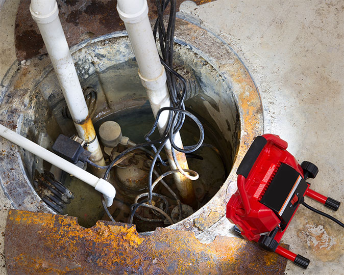 The sump pump cover is removed and red work light shows the issue that needs professional repair.
