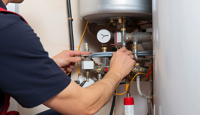 Repair technician is fixing electric water heater inside a house.