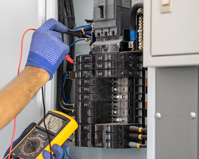 An electrician wearing safety gloves uses a multimeter to test a circuit breaker.
