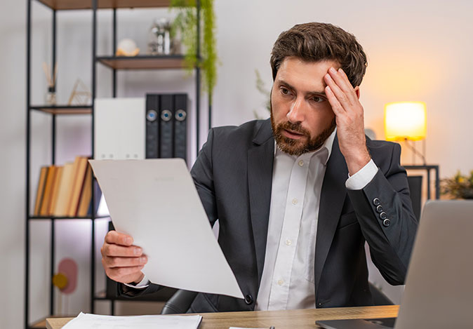 A new homeowner looks shocked while reviewing a deed that may have been filed incorrectly.