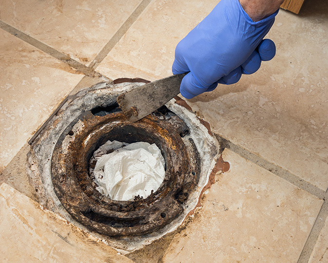A person's scraping and cleaning the flange as prep for replacing a toilet.