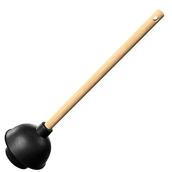 Image shows a plunger with wooden handle on a white background