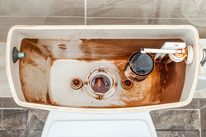 A toilet with the tank and bowl separated, showing the corroded interior.