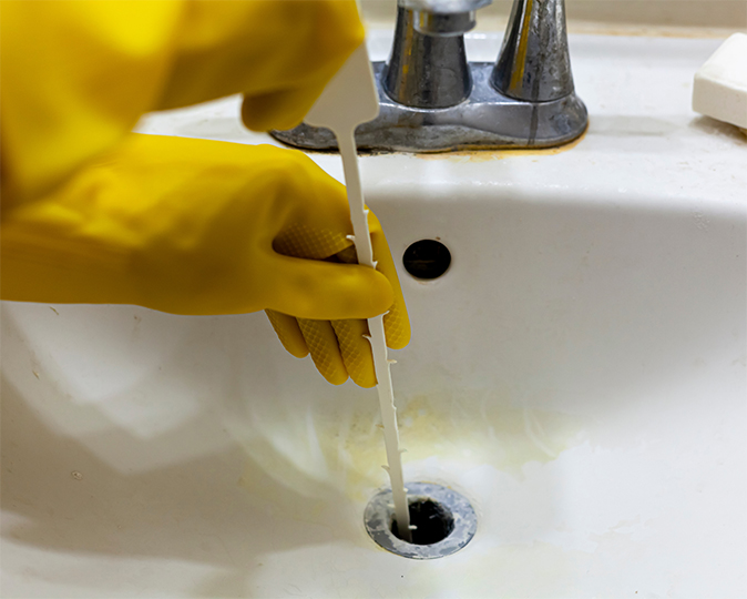 A person wearing white rubber gloves uses a drain snake on a bathroom sink.