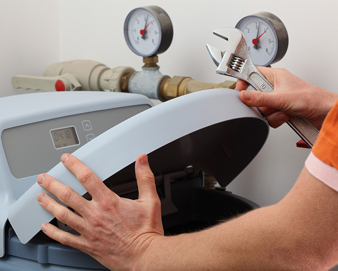 Homeowner with pliers in  hand opens the lid to the water softener to inspect valves.