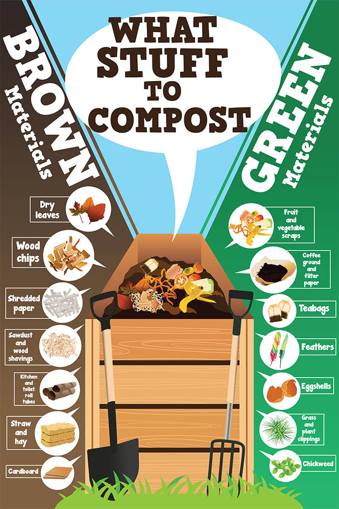 Bright, colorful infographic details what green and brown materials can be composted.materials