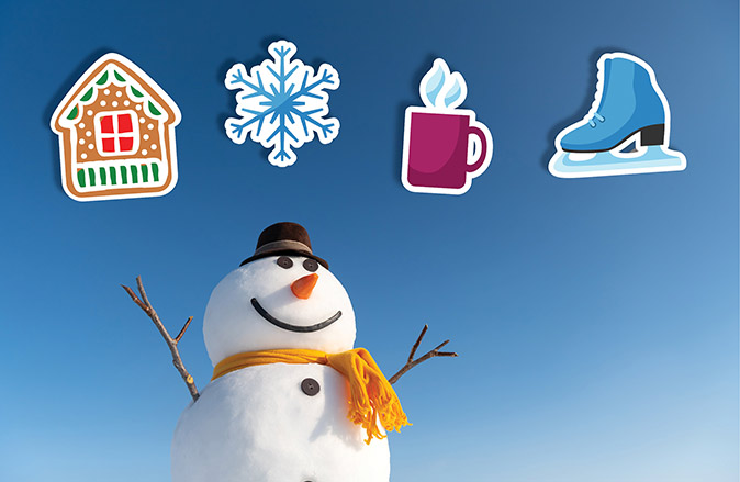 A colorful compilation of fun winter ideas, like making your own snowman, gingerbread house, or homemade hot cocoa, or heading to a rink or frozen pond to ice skate!