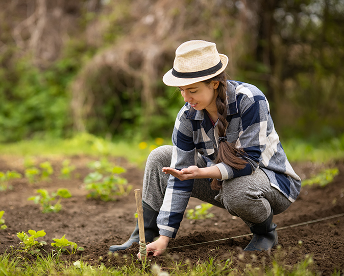 A woman plants seeds in her outdoor garden.